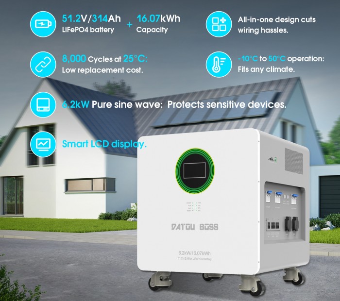 Енергийна система DATOUBOSS - 6,2kW хибриден инвертор+ 16,07kWh LiFePO4 батерия 